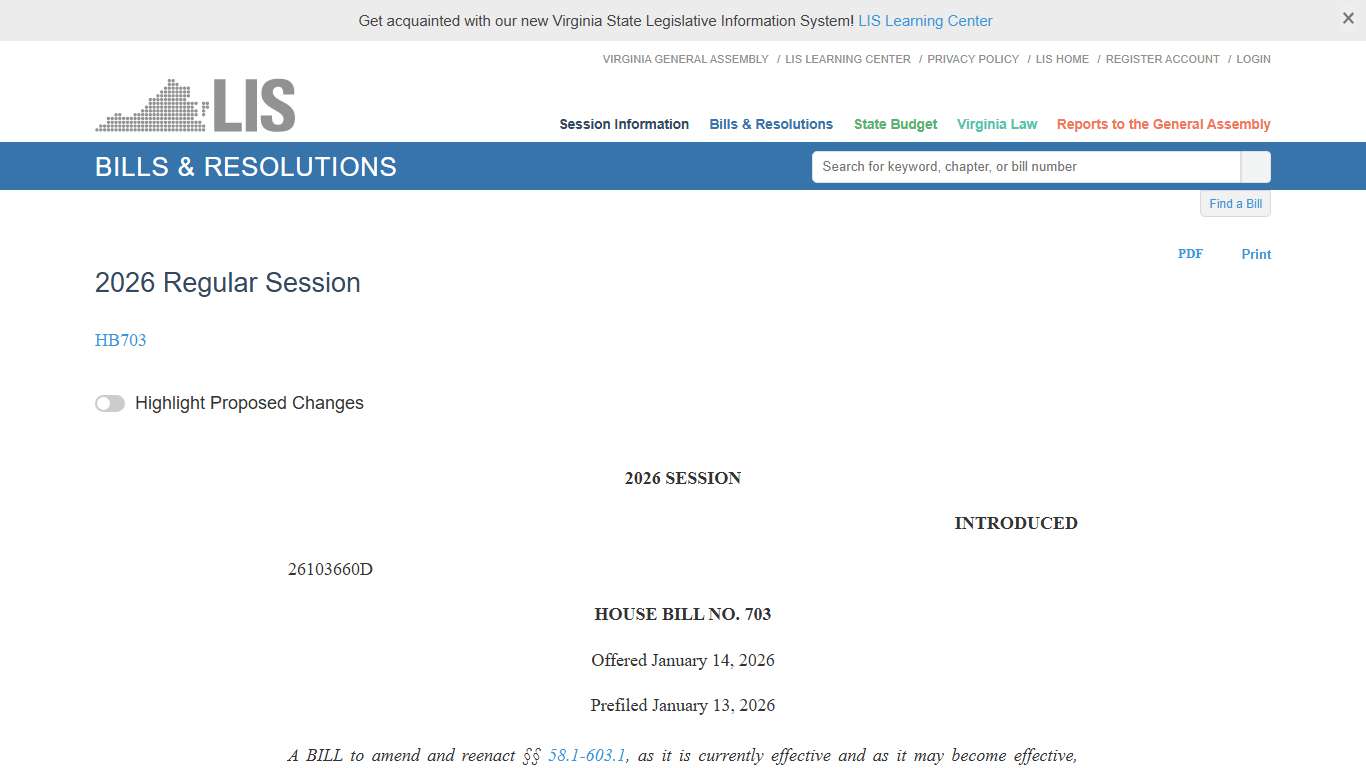 HB703 - 2026 Regular Session LIS